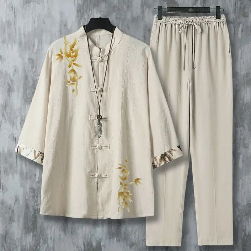 Nova Blusa Feminina de Algodão e Linho Estilo Étnico com Manga 7/8, Camisa Solta Respirável com Gola Mandarim Chinesa, Blusa Casual de Verão