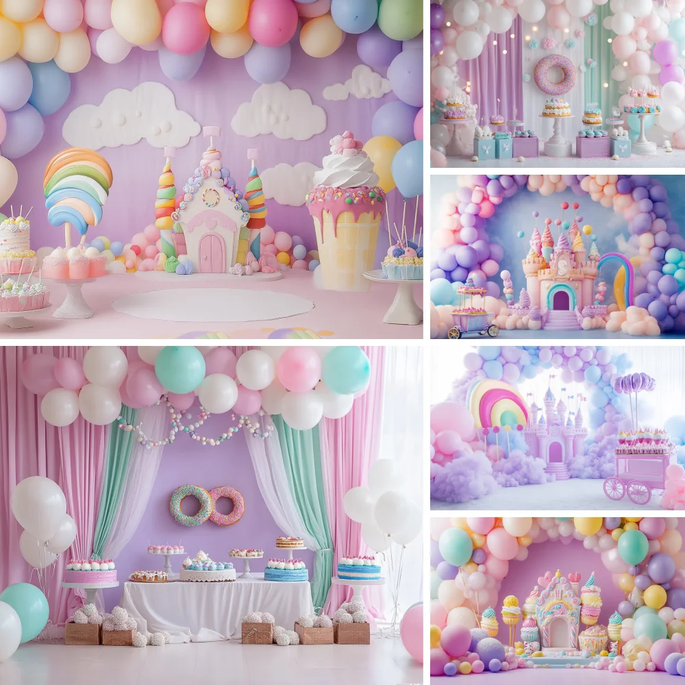 

Doughnut Cotton Candy Balloon Arch Photography Backdrop Candy Land Baby Shower One Birthday Party Kids Portrait Background Props