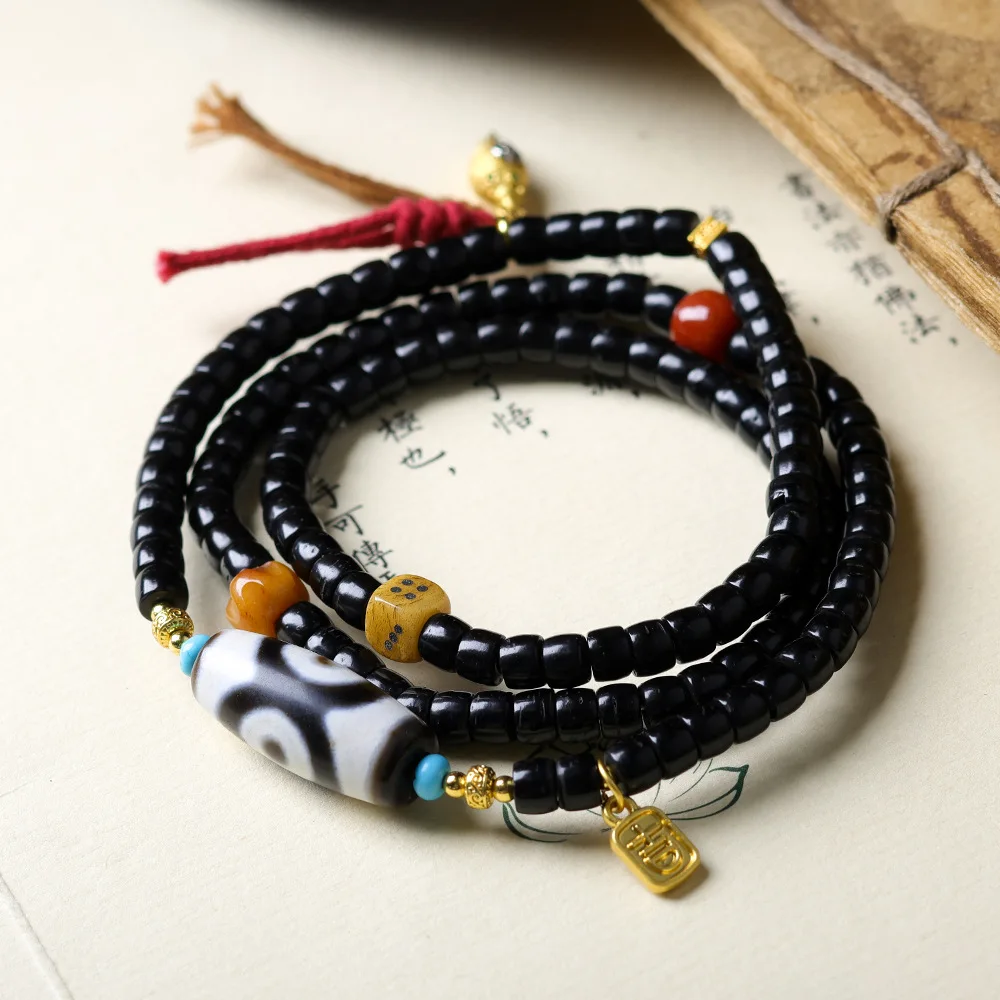 Hand-Woven Coconut Tee Barrel Bead Triple Loop Bracelet Original Cultural Games Three Eyes Dzi Bead Strings Collarbone