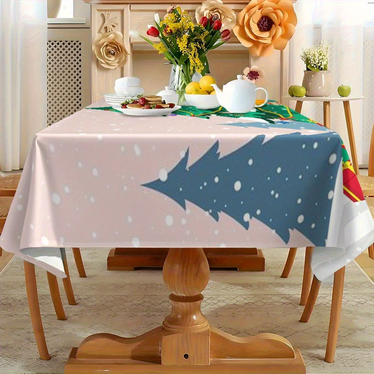 Festive Christmas Tree Tablecloth- Winter Snowflake Design with Gift Box Pattern,Cozy Holiday Dining Decor, Rectangular Polyeste