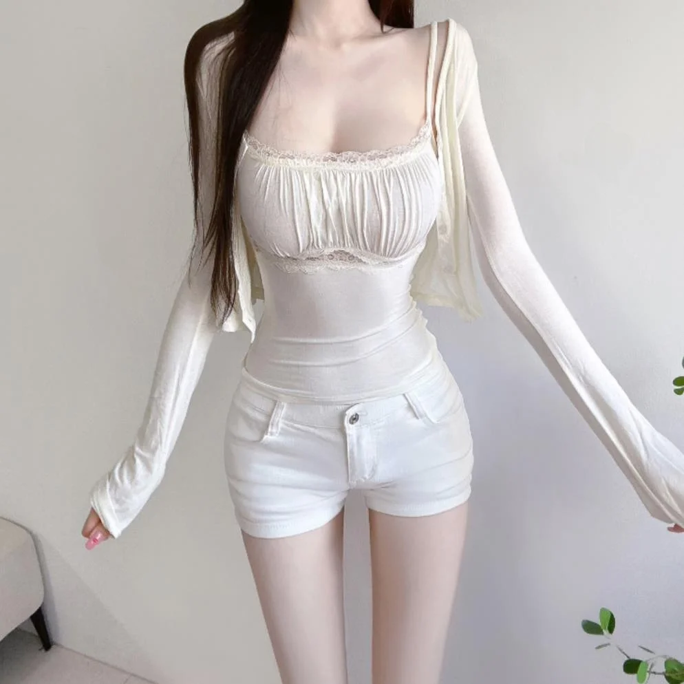 

Sweet And Spicy Three-Color Lace Splice Sleeveless Sun Protection Cardigan Two-Piece Set Fashionable Women's Spring Outfit