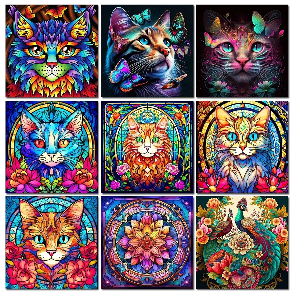 Full Square Round Diamond Painting Colorful Cat Flowers Peacock 2023 New Diy Puzzle Diamond Art Mosaic Animal Pictures Y1060