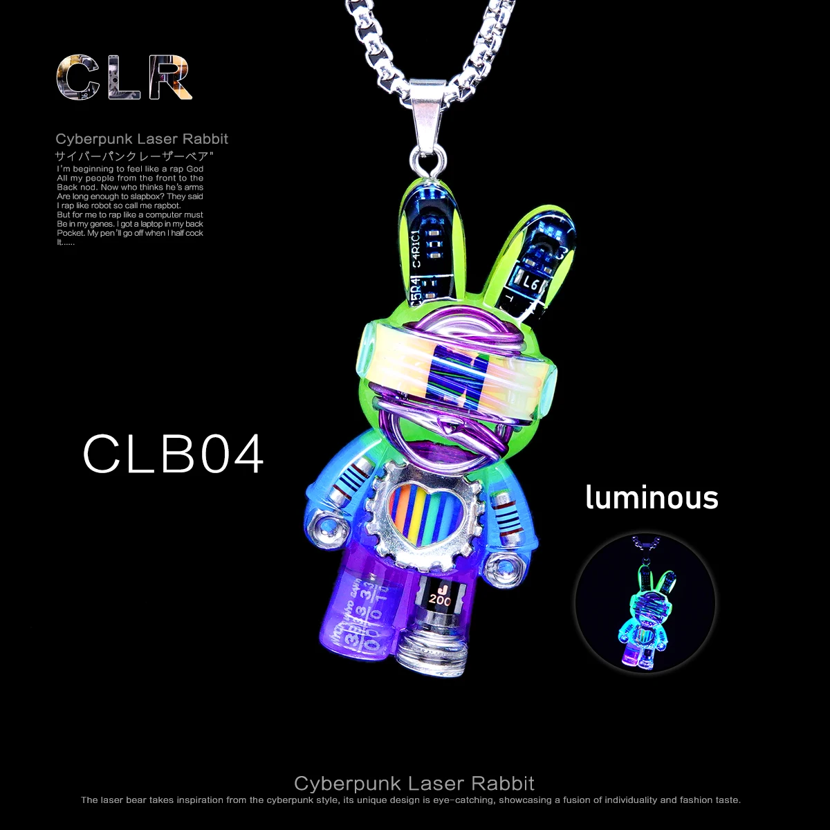 Hand Made Cyberpunk Laser Rabbit Pendant Necklace Stainless Steel Chain Steampunk Neon Rabbit Pendant Keychain Hip Hop Jewelry