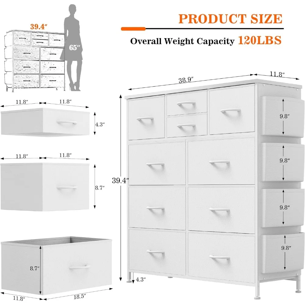 Cómoda para dormitorio con 10 cajones, cómoda con bolsillos laterales y ganchos, cómoda de almacenamiento de PU, unidad organizadora