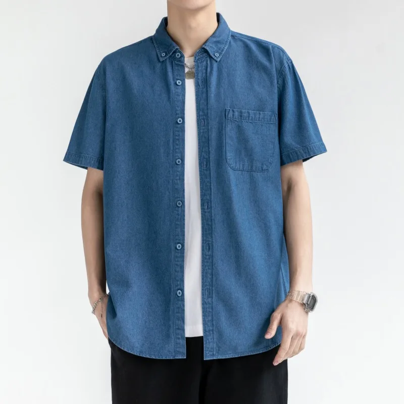 New 2023 Summer Blue Denim Shirt Men Oversized Short Sleeve Jean High Quality Casual Fashion Cotton Light Wear Loose Plus Size