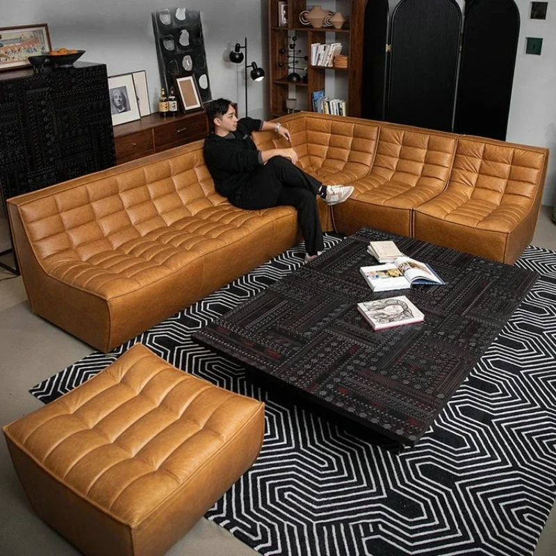 

Real cowhide antique living room module corner combination retro waffle oil wax leather sofa