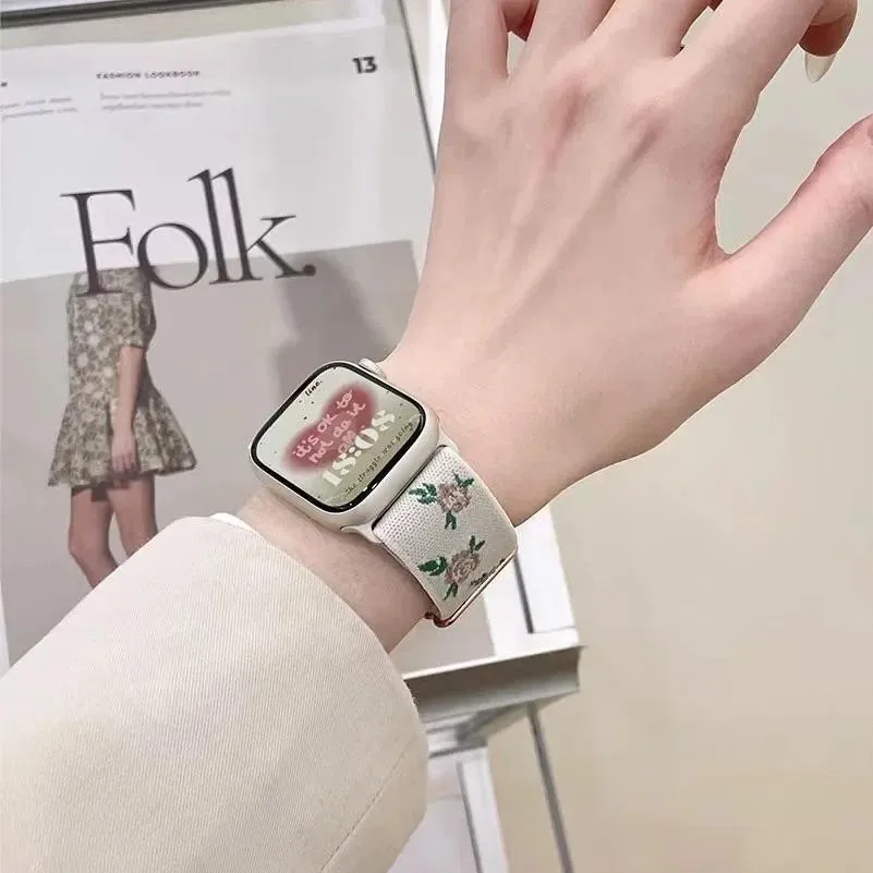 Nylon Embroidery Strap Correa Belt Band For Apple Watch 46mm 45 44 40 49mm 41 42 38mm For iWatch Series 10 9 7 8 3 6 Se Ultra2