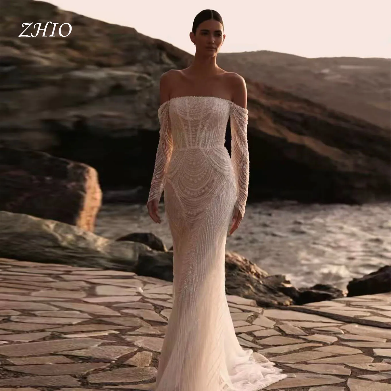 Zhi modesto beading marfim rendas vestidos de casamento fora do ombro sereia trem varredura vestido de noiva personalizado novo 2026 para noiva luxo