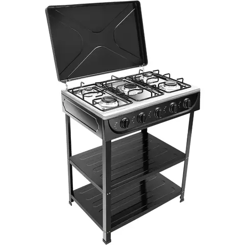 5 Burners Gas Stove with 300000 BTU Output Portable Propane Cooker featuring Windshield and Folding Legs DualTier Storage Rack