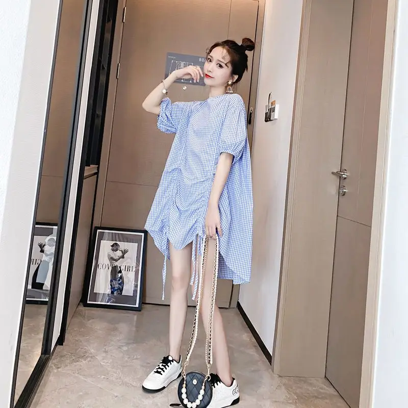 Vintage Striped Drawstring Blouse Summer New Short Sleeve Asymmetrical Lacing Loose Trend Shirt Tops Fashion Trend Women Clothes