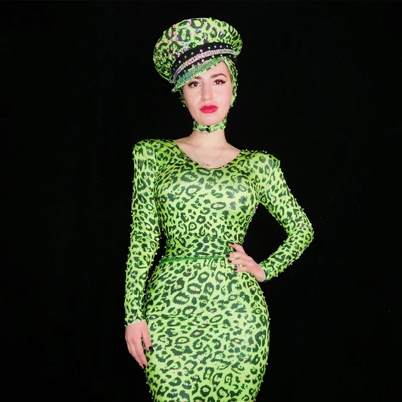 الأخضر ليوبارد الراين فستان قبعة المرأة فساتين السهرة الحفلات مرحلة مهرجان الزي ملابس الجاز سحب الملكة زي XS6370