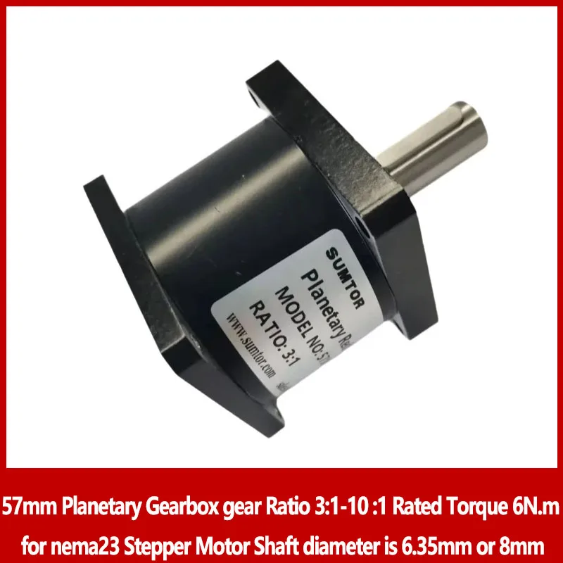 

Шестерня планетарной коробки передач 57 мм, передаточное число 3:1-10:1, номинальный крутящий момент 6 Нм для шагового двигателя nema23, диаметр вала 6,35 мм или 8 мм.