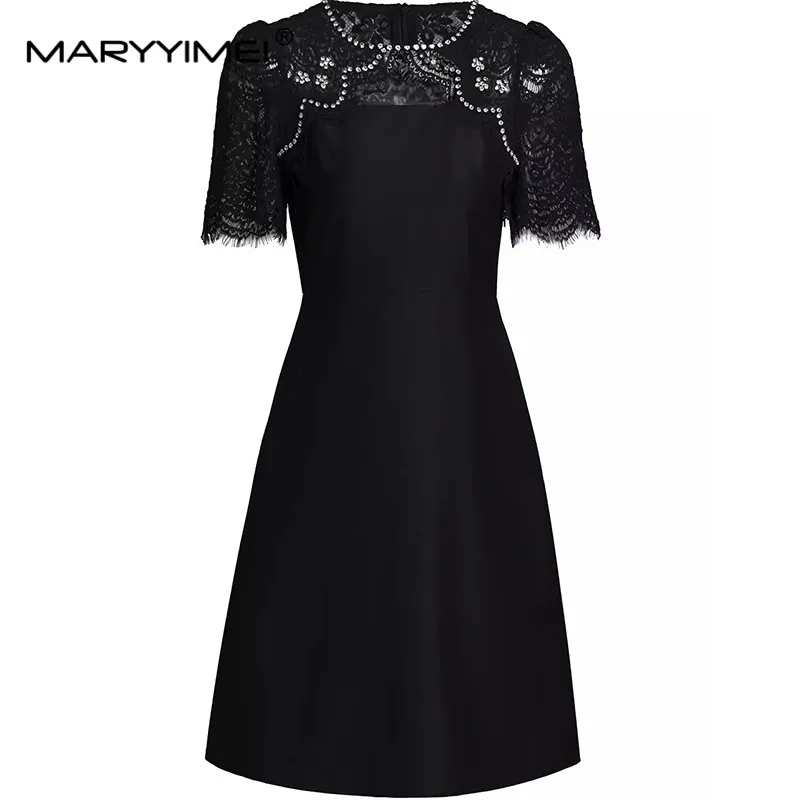 

MARYYIMEI Fashion Summer Ivory white/Black Women's Dress Short sleeved Beading Lace Splicing Solid color A-Line Mini Dresses