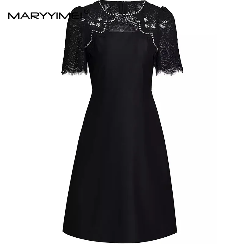 MARYYIMEI Fashion Summer Ivory white/Black Women's Dress Short sleeved Beading Lace Splicing Solid color A-Line Mini Dresses