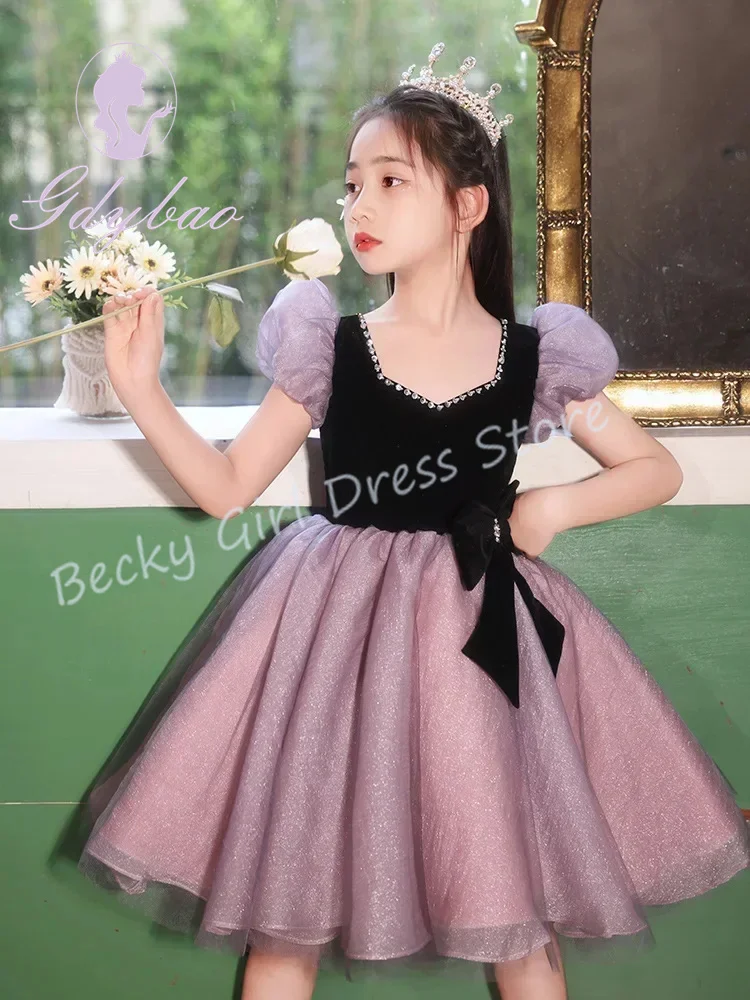 فساتين فتاة الزهور الفاخرة المخصصة لحفلات الزفاف اللامعة مع فيونكة بطول الركبة وحفلات الأميرة الرسمية والولائم