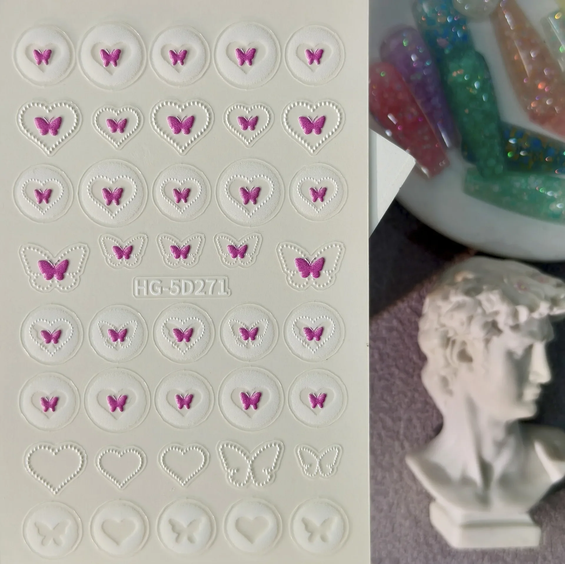 1 Set 5D Embossed Hollow Smudge Nail Stickers Versatile Hearts Bows Self-Adhesive DIY Manicure Nail Decor Ornaments