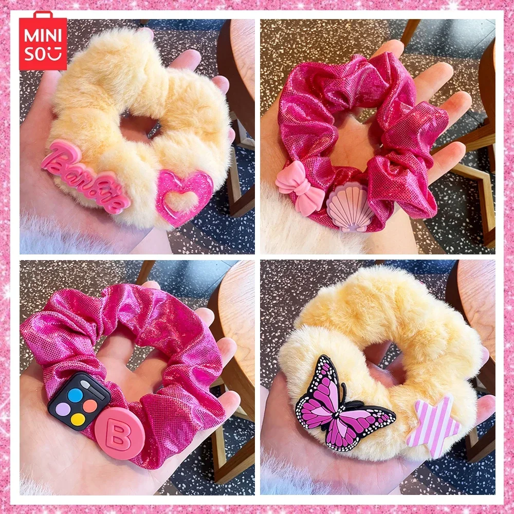 2024Miniso Barbie 4-Pcs Cute Pink Yellow Plush Hairpins Trendy Cool Bow Knot Love Hair Rope Sweet Y2K Girl Hair Accessories Gift