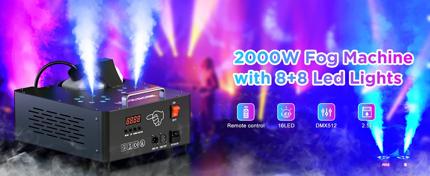 U'King 2000W Doppelrohr-Nebelmaschine, DMX512 8+8 RGB 3IN1 LED Rauchmaschine, Bühnen-Farbsprühgerät, Hochzeits- und Bankett-Farbnebelmaschine – Detail 1