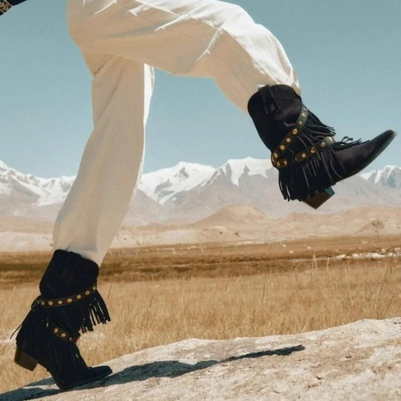Women's Ankle Boots Pointed Toe Low Block Heel Suede-Look Surface Fringe Tassel Straps Studded Hardware Footwear Outdoor Walking