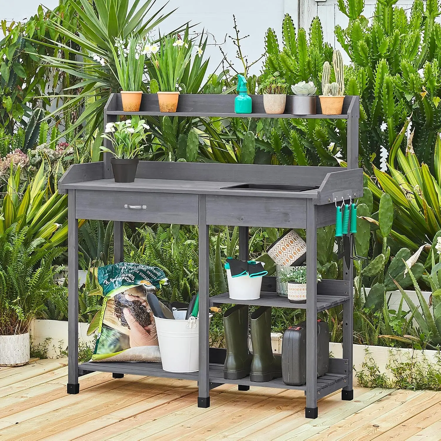 Modern Wooden Potting Bench Outdoor Potting Table With Sink And Storage Drawer, Heavy Duty Garden Workstation Cabinet Table With Hooks And Shelves For Backyard Patio, Gray