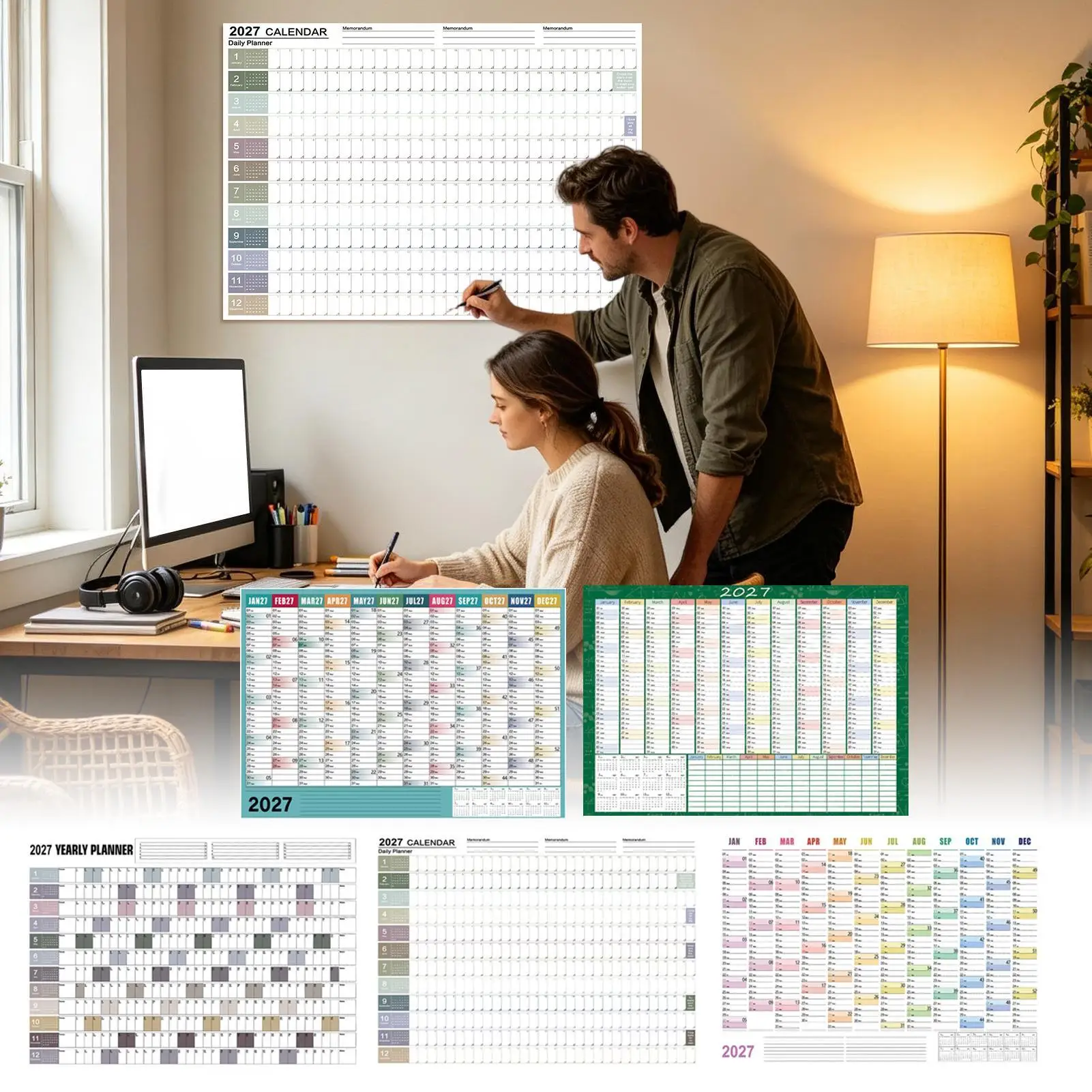 Yearly Wall Calendar Thick Paper Double-Sided Colorful Labels 12 Months Annual Yearly Wall Planner For Apartment Bedroom Living