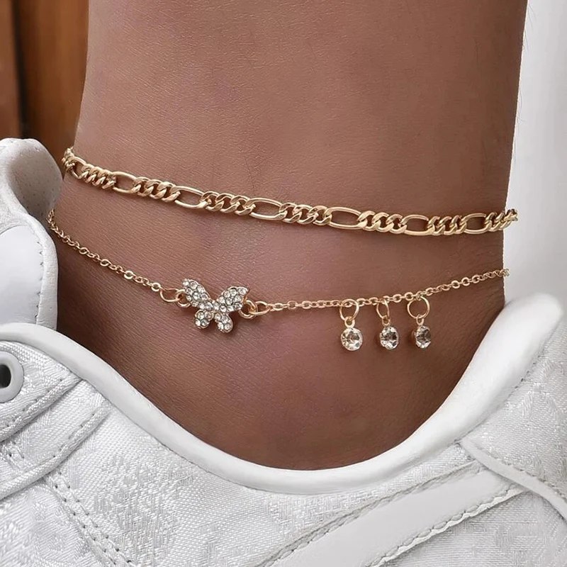 Boho Anklet Foot Chain Summer Bracelet Tassel Crystal Butterfly Pendant Charm Anklet Sandals Barefoot Beach Foot Bridal Jewelry