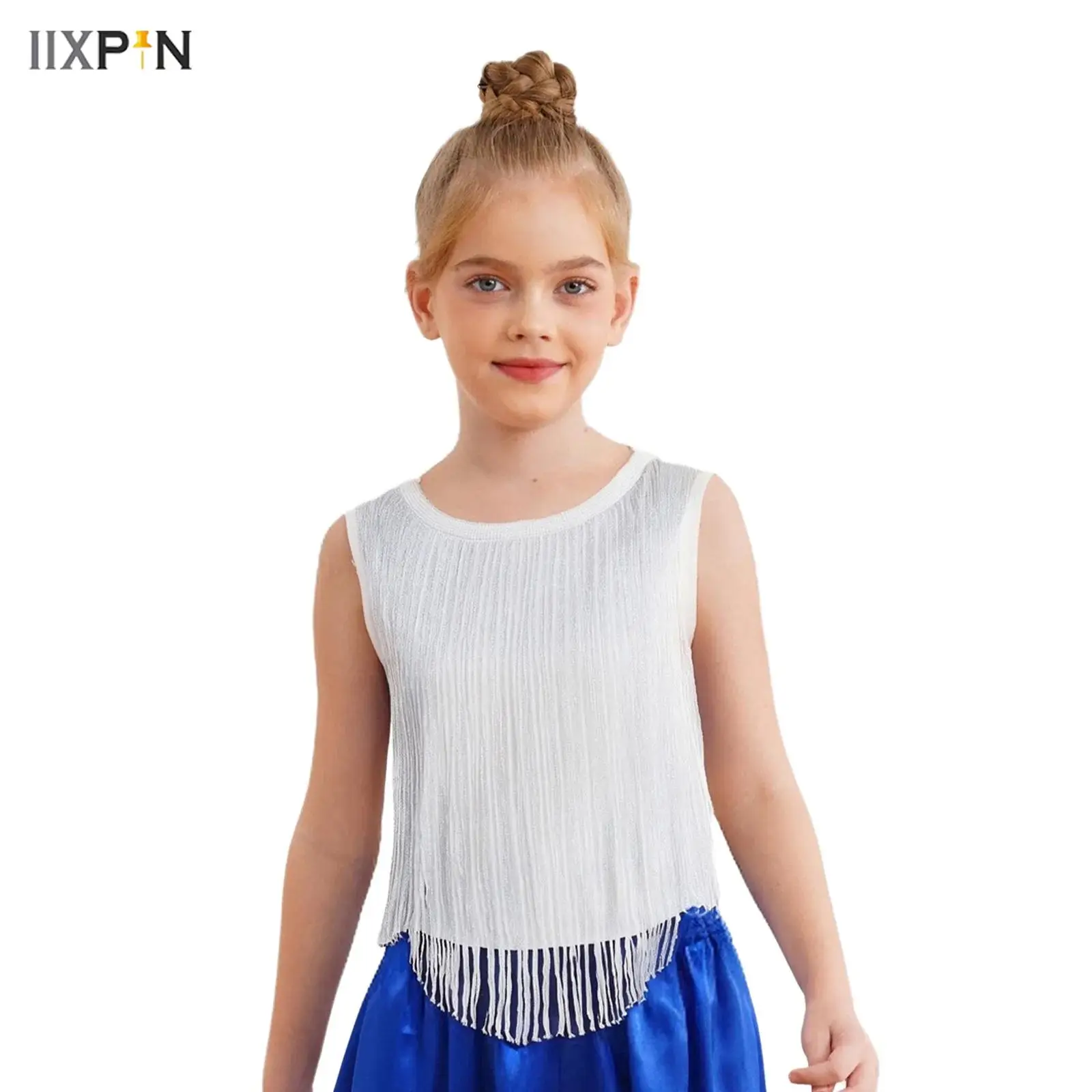 

Kids Girls Tassel Hip-Hop Jazz Dance Top Sleeveless Curved Hem Fringe Tank Top Vest for Party Ball Stage Performance Dancewear