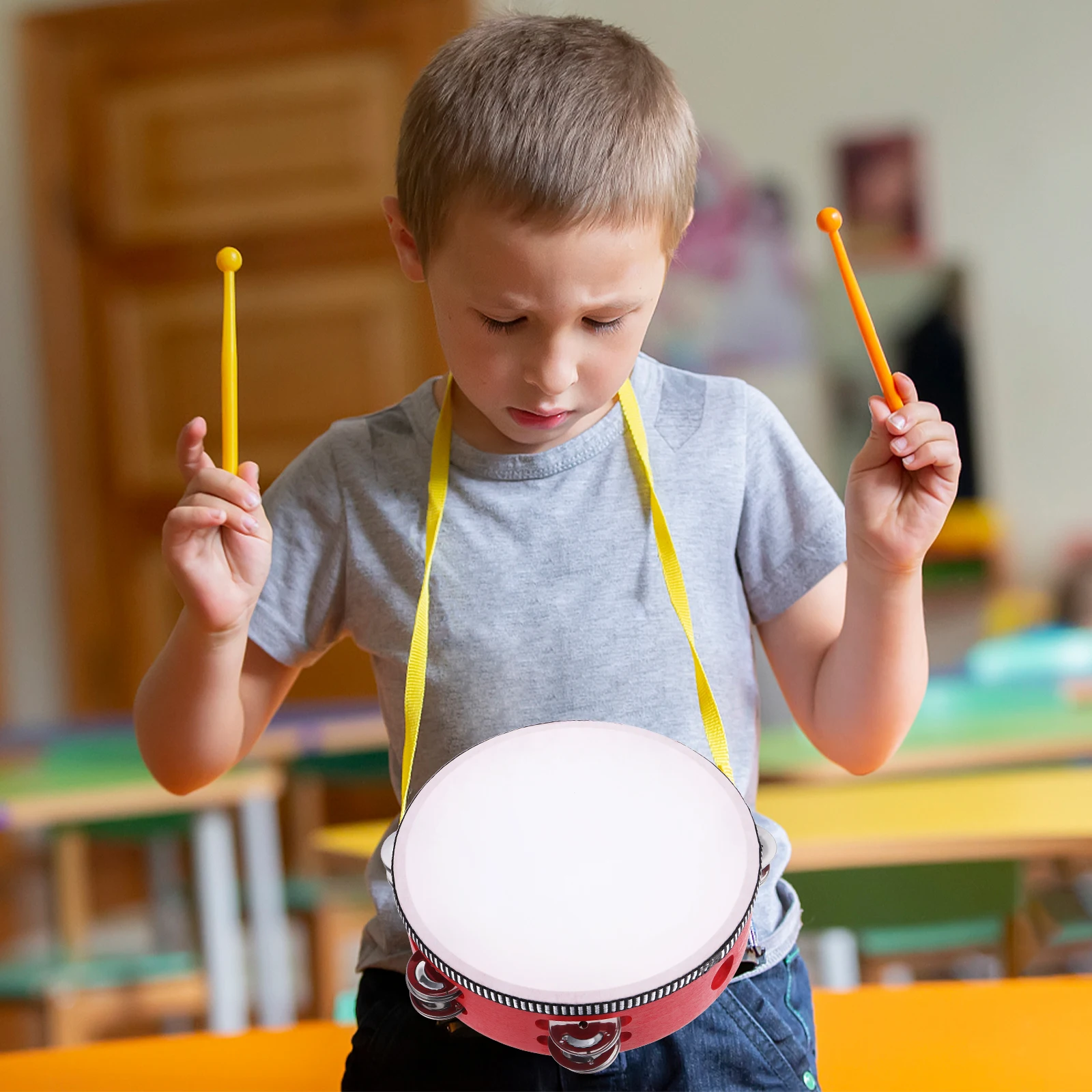 

2Pcs Wood Double Row Handheld Tambourine Percussion Drum with Metal Jingles for Music Dance Karaoke Kids Rhythm Education