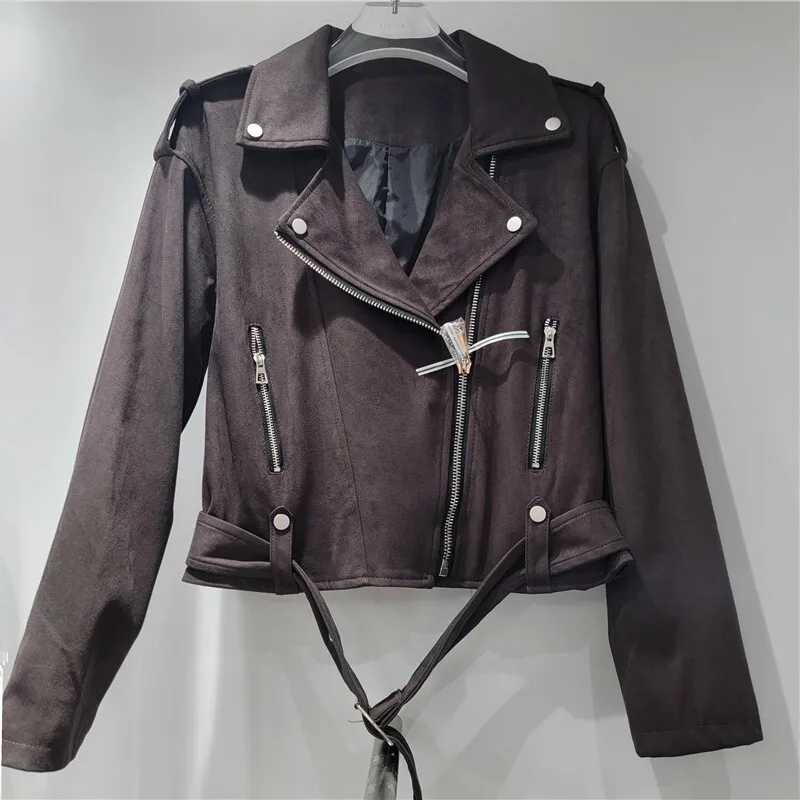 Whth nova moda feminina falso pele de veado velo jaqueta da motocicleta 2025 verão moda lapela mangas compridas casaco feminino 1ls2122