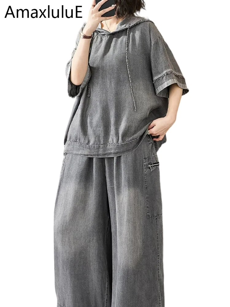 

Летний комплект Amax LuluE из 2 предметов: модные джинсовые костюмы для женщин, толстовки с капюшоном, свободные топы, повседневные джинсы, брюки из сетки и кружева, винтажные наряды