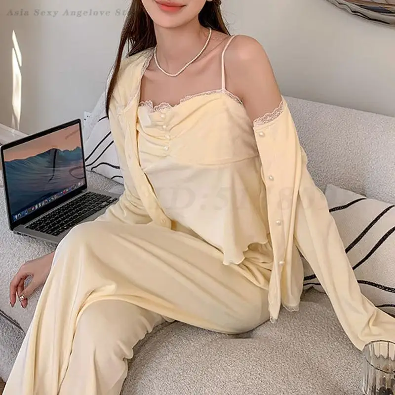 

Autumn Winter Pajamas 3 Piece Set Loungewear Warm Island Velvet Sleepwear Women's Sexy Sweet Nightwear Loose Casual Home Wear