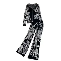 Ladies Embroidery Knitted Suits Women Long Sleeve Soft Sweater Wide Leg Pants Girls Warm Sweater Fashion Casual Street Wear