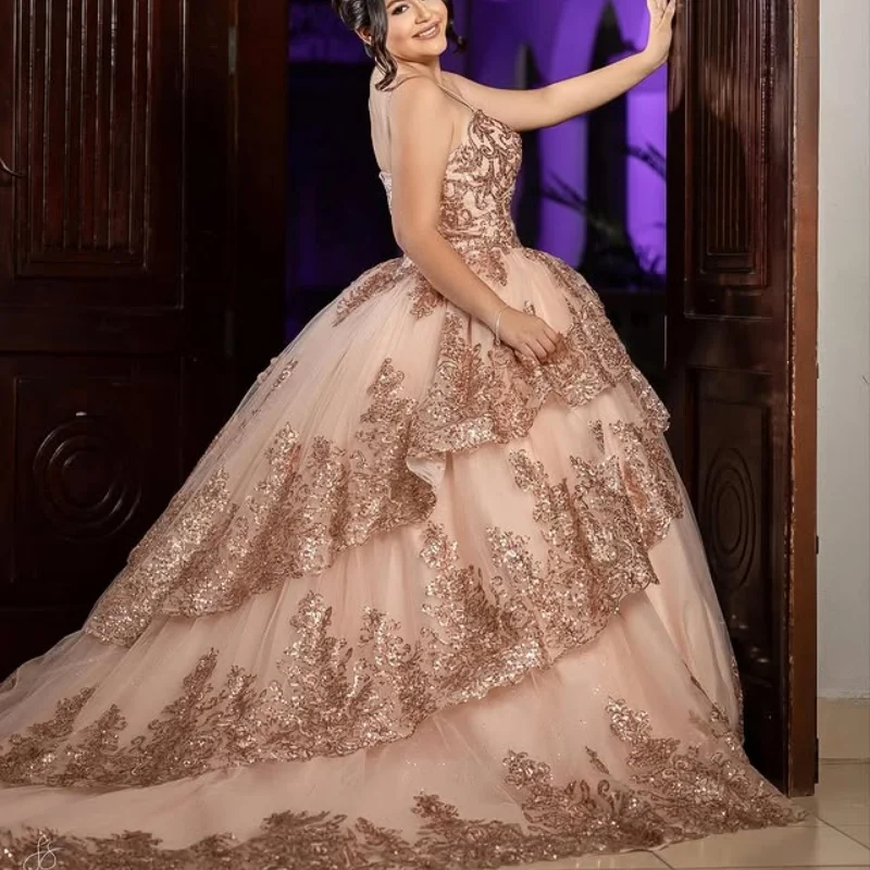 

Shiny rose pink Quinceanera Dress off-shoulder Lace layering crystal glitter Long tail vestidos de 15 Quinceanera ﻿Customize