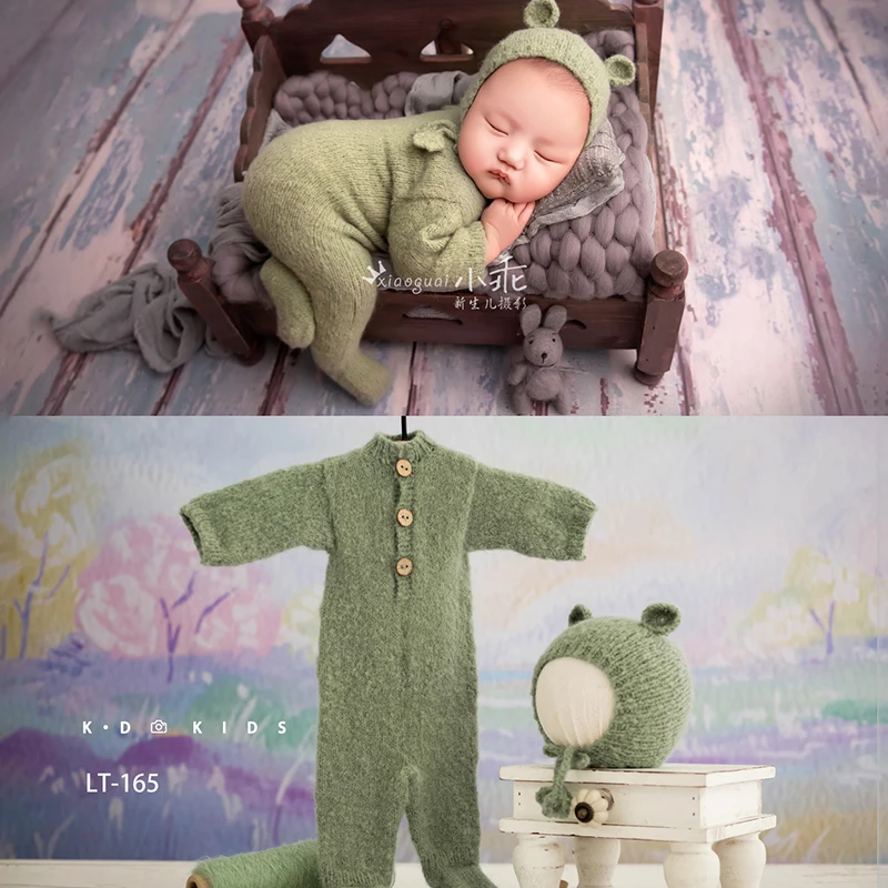 Knitted Baby Bear Clothing Cute Bear Ear Hat Jumpsuit Outfit Baby Girl Boy Shoot Clothes Plush Mohair Newborn Photography Props