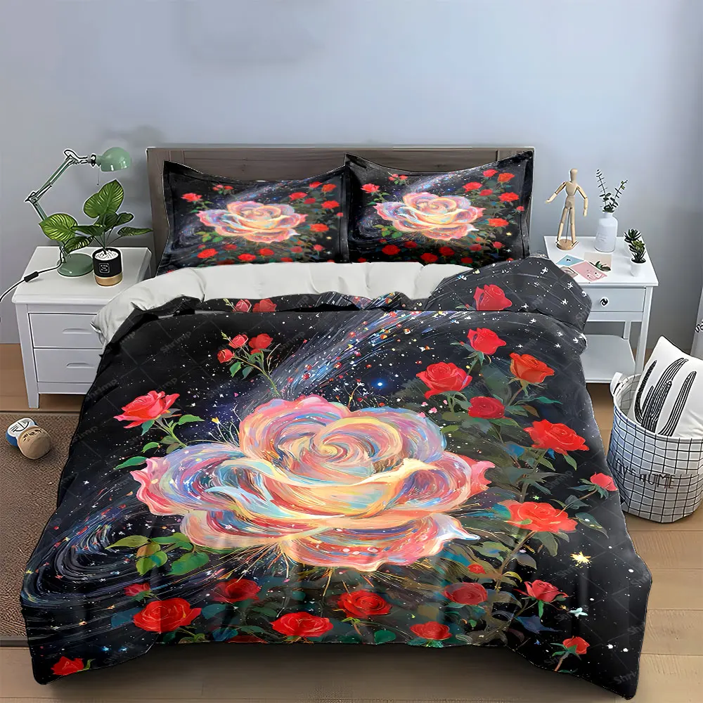 Galaxy Rose Art Decor Set Bedding Set with 1 Duvet Cover 2 Pillowcases Single Double King Queen, Gift