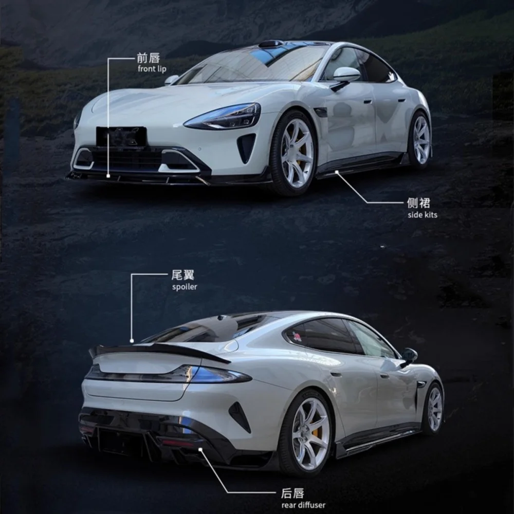 طقم سيارة أسود لامع لهاتف Xiaomi Su7، مجرفة أمامية معدلة، شفة خلفية، جناح خلفي، جناح خلفي، تنورة جانبية للزاوية