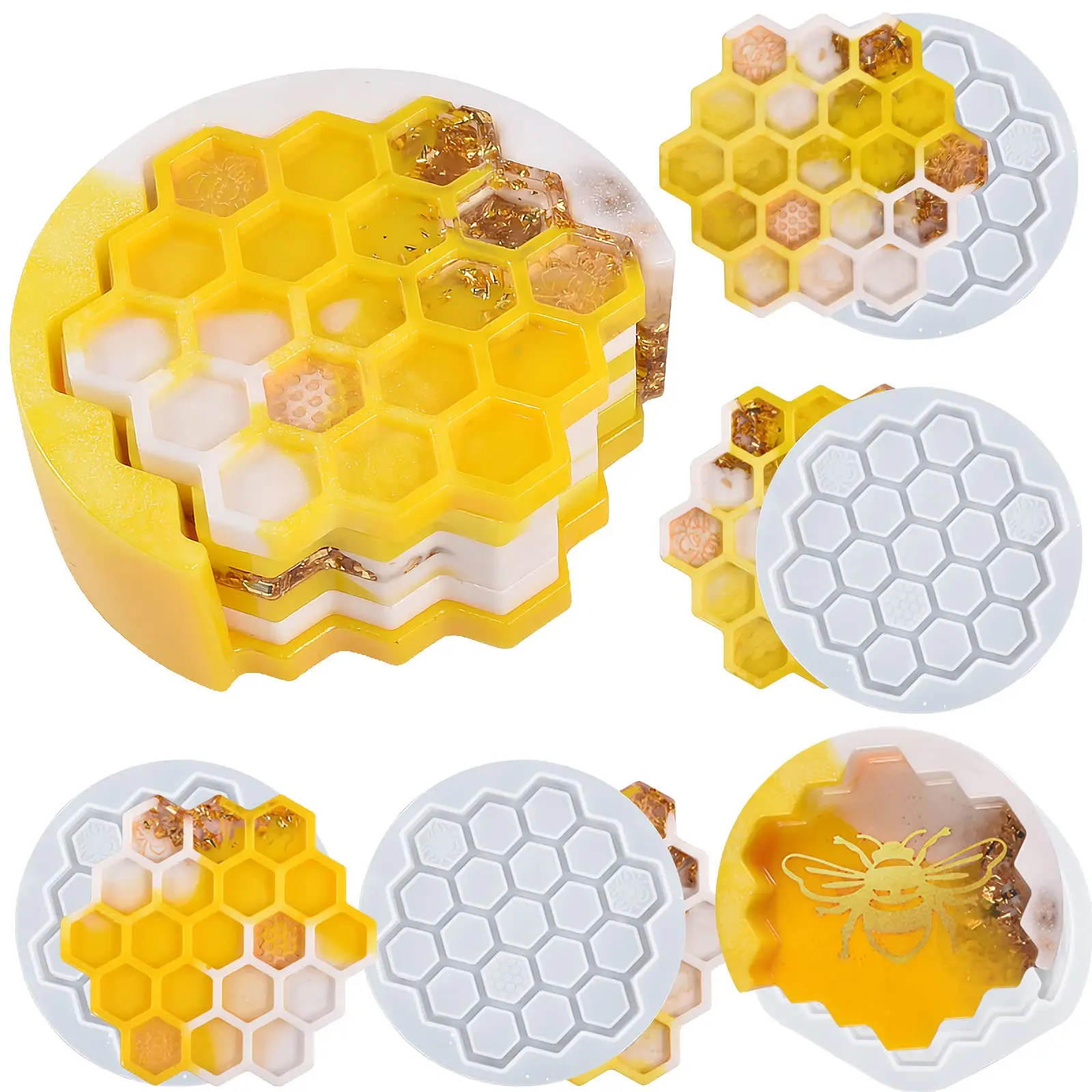 1 Set Of Diy Silicone Coaster Mold, Honeycomb Crystal Drop Resin Coaster With Storage Rack Making Mold