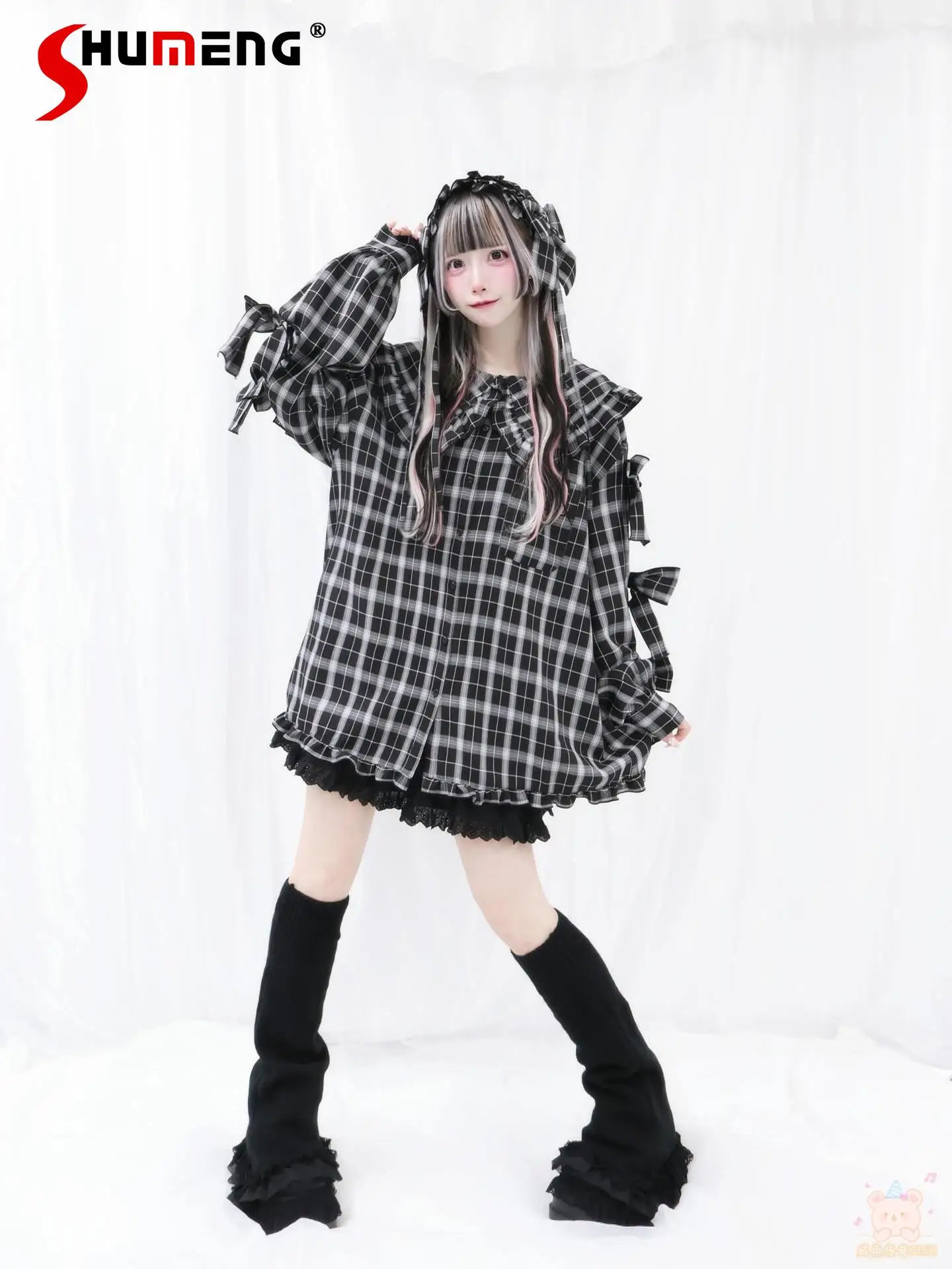 Japanese Mine Style Subculture Y2k Shirts Big Doll Collar Long Sleeve Single-breasted Bow Plaid Loose Casual Blouses Tops Women