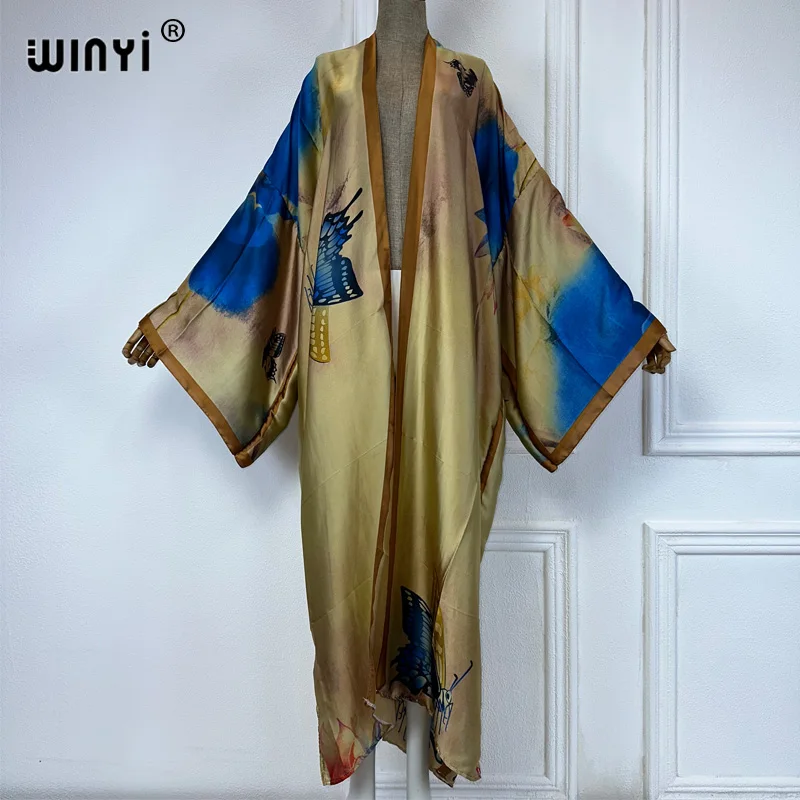 Winyi Afrika Zomer Mode Kimono Maxi Jurk Strand Cover Cardigan Boho Maxi Jas Abayas Print Kaftan Strand Outfits Vrouwen