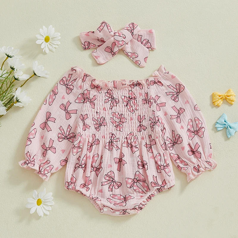 0-18M Newborn Baby Girls Princess Romper Long Sleeve Bow Love Heart Print Jumpsuits Playsuit with Bow Headband Baby Clothes