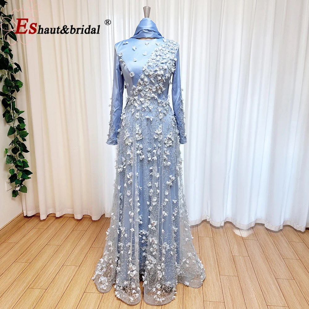 

Elegant Blue 3D Lace Evening Dress Long Sleeves Aline O Neck Muslim Formal Gown for Women 2025 Customized for Wedding Prom Party