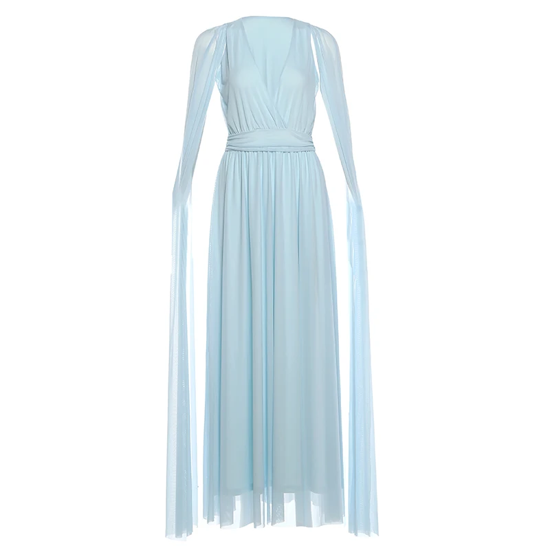 Nibber Flauschiges, elegantes Kleid für Damen, Sommer, V-Ausschnitt, gerüschtes Mesh, lange Ärmel, schmal geschnitten, Patchwork, Advanced Chic, Geburtstag, Bodycon – Detail 2