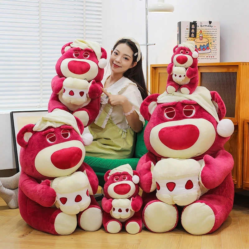 

Kawaii Plush Toy Cute Strawberry Bear Cake Cartoon Stuffed Doll Sleep Hat Teddy Bear Cuddly Pillow Gift for Kids Birthday