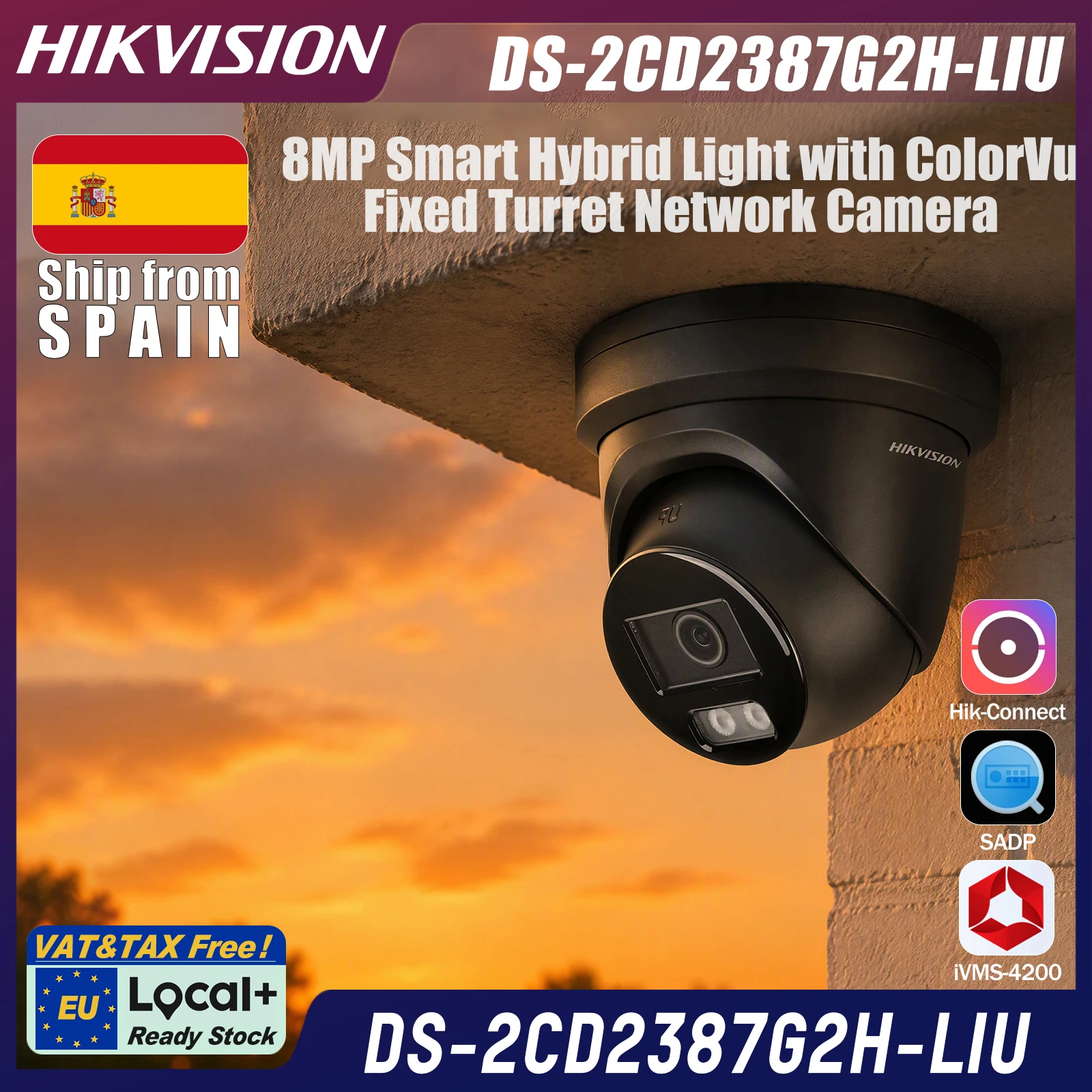 DS-2CD2387G2H-LIU Hikvision Telecamera Turret Nera 2.8mm 8MP ColorVu Smart Hybrid Light, F1.0, WDR 130dB, IR e luce bianca 40m, microfono integrato, PoE, IP67