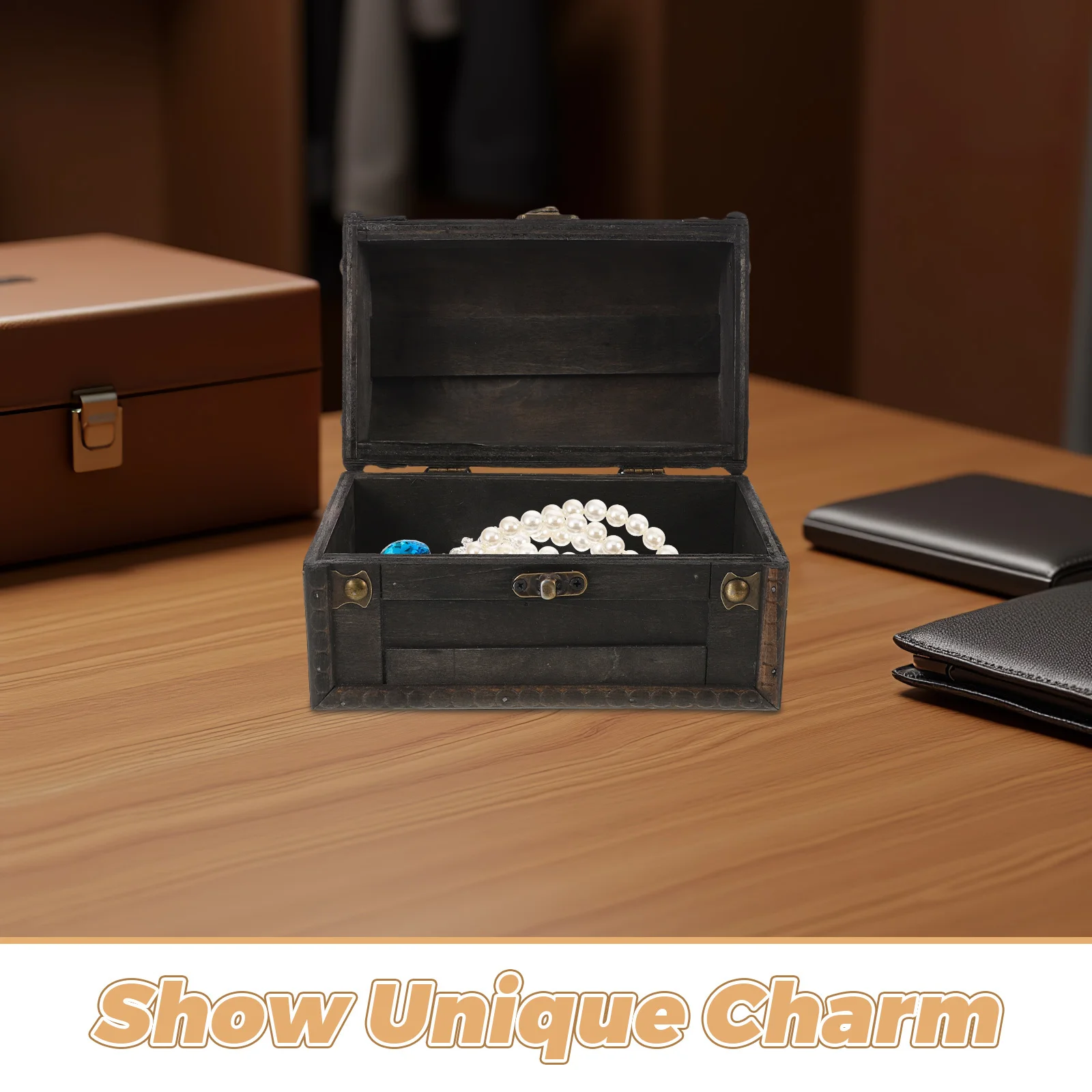 منظم تخزين المجوهرات على شكل صندوق تذكار من الخشب مع غطاء صندوق حلية ريفي للنساء صندوق الكنز العتيق