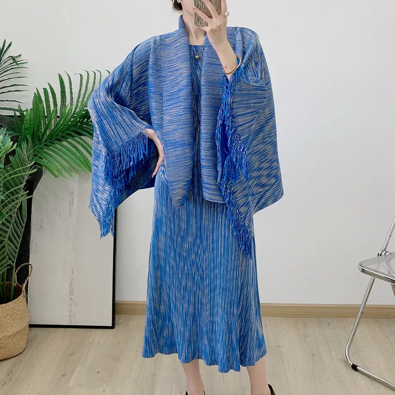 YUDX Stamped Dress Set Fringe Shawl Cardigan Vest Long Skirt Pleated Dress 2 Piece Set 2024 Fall New