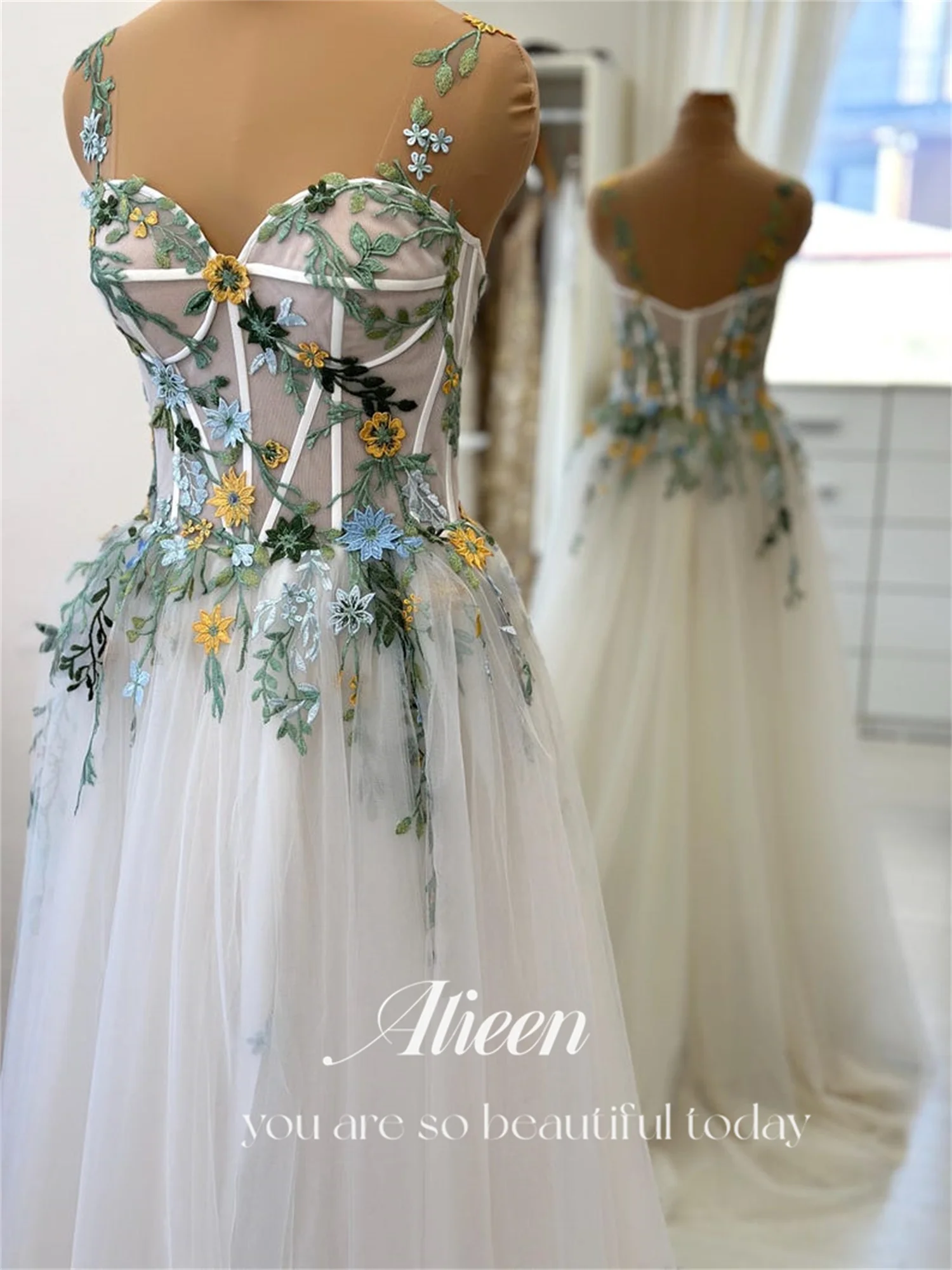 Aileen-A-line vestido de noiva com flores 3D, vestidos de noite para ocasiões formais, vestidos femininos de luxo, querida