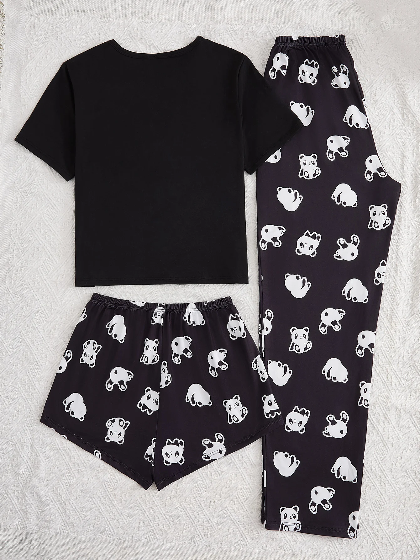 Traje de pantalón corto con estampado de panda para mujer, de tres piezas top de manga corta negro, ropa informal para el hogar de dibujos animados, nuevo estilo