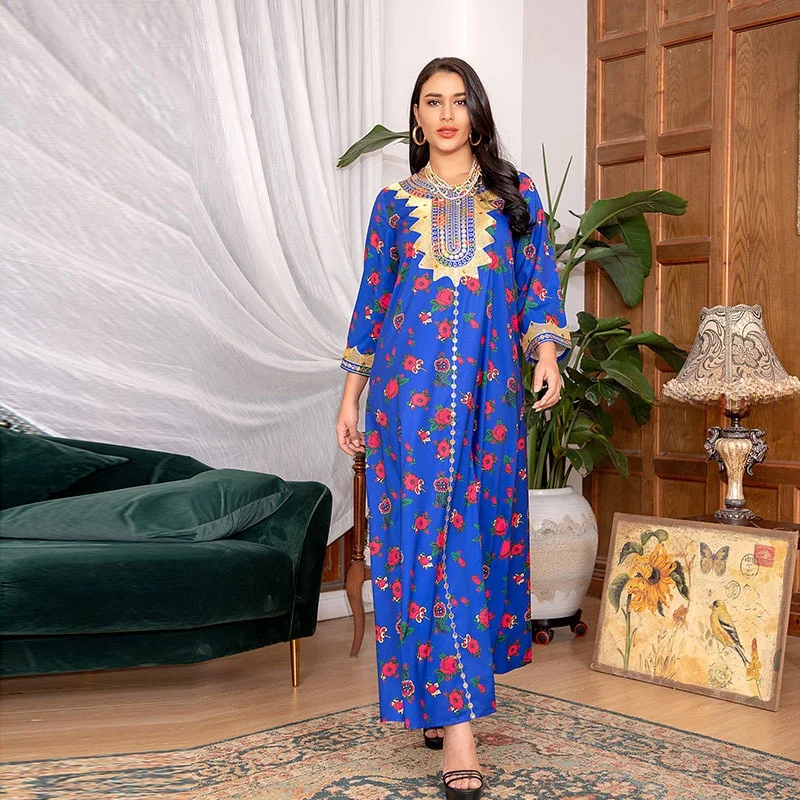 中東女性用プリント柄ドバイクロスボーダーエスニック婦人服2024年春ファッションレディース伝統衣装