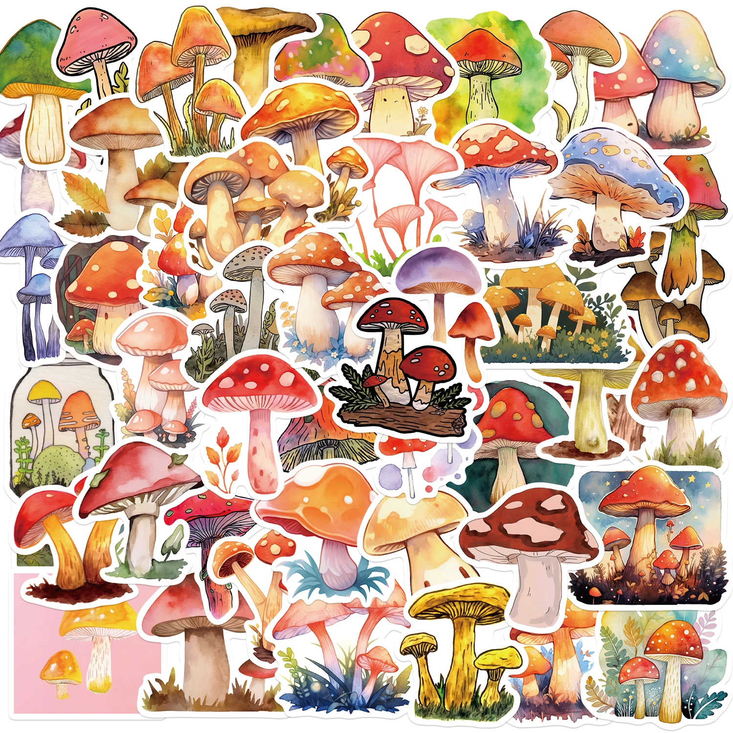 50 Stuks Schattige Aquarel Paddestoel Decoratie Scrapbooking Kleurrijke Pvc Sticker Esthetische Briefpapier Schoolbenodigdheden Voor Kids﻿